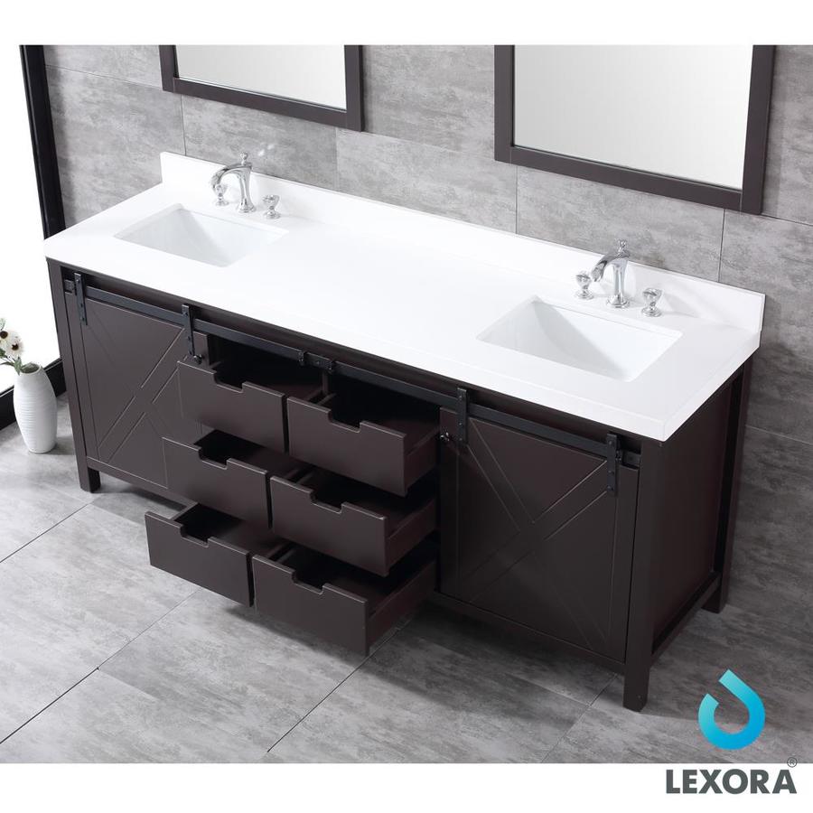 Marsyas 80" Brown Double Vanity, White Quartz Top, White Square Sinks and 30" Mirrors w/ Faucets