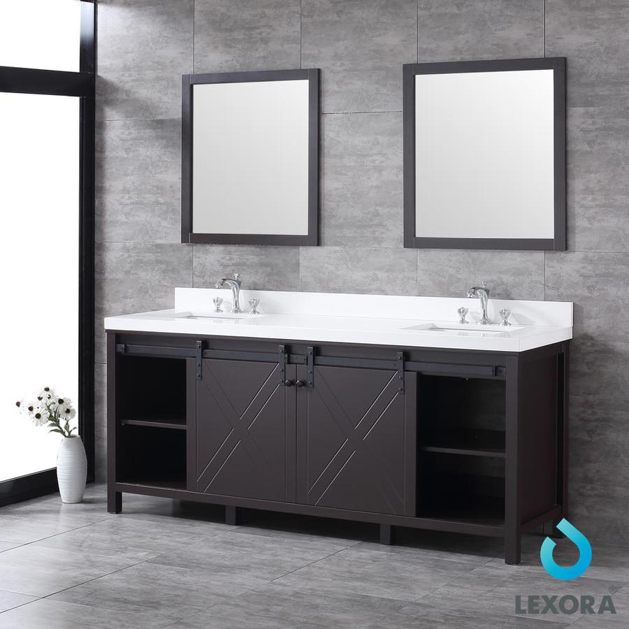 Marsyas 80" Brown Double Vanity, White Quartz Top, White Square Sinks and 30" Mirrors w/ Faucets