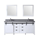 Marsyas 84" Ash Grey Double Vanity, White Quartz Top, White Square Sinks and 34" Mirrors w/ Faucets