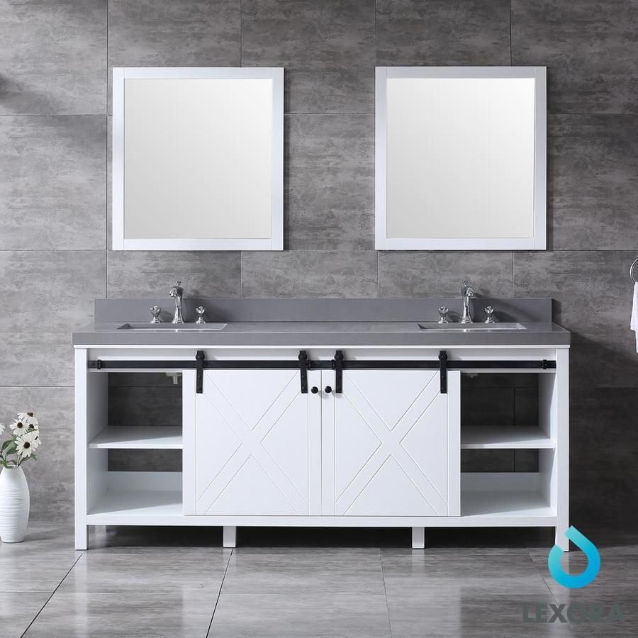 Marsyas 84" Ash Grey Double Vanity, White Quartz Top, White Square Sinks and 34" Mirrors w/ Faucets