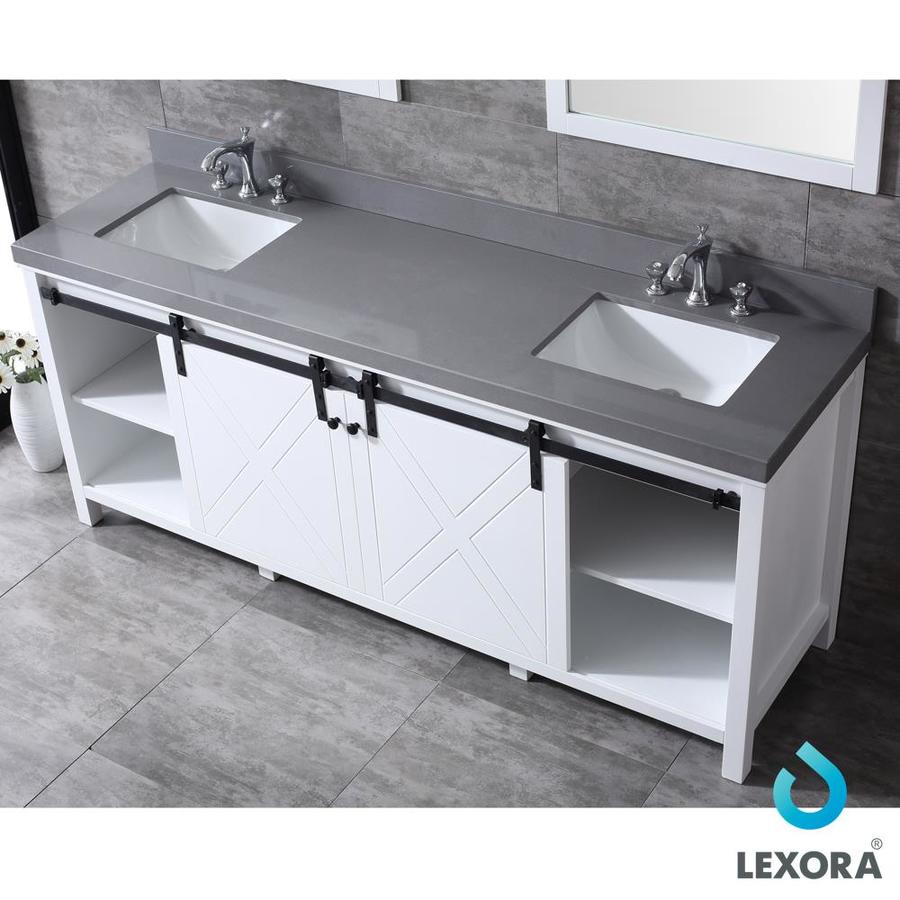 Marsyas 84" Ash Grey Double Vanity, White Quartz Top, White Square Sinks and 34" Mirrors w/ Faucets