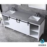 Marsyas 84" Ash Grey Double Vanity, White Quartz Top, White Square Sinks and 34" Mirrors w/ Faucets