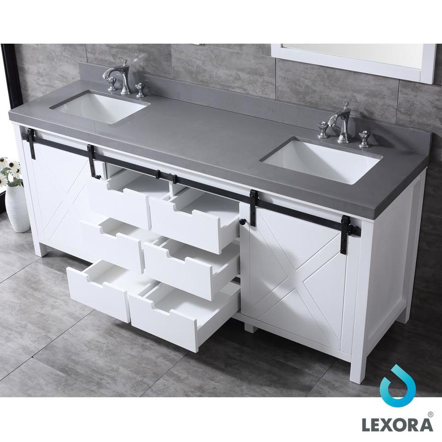Marsyas 84" Ash Grey Double Vanity, White Quartz Top, White Square Sinks and 34" Mirrors w/ Faucets