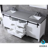 Marsyas 84" Ash Grey Double Vanity, White Quartz Top, White Square Sinks and 34" Mirrors w/ Faucets