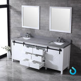 Marsyas 84" Ash Grey Double Vanity, White Quartz Top, White Square Sinks and 34" Mirrors w/ Faucets