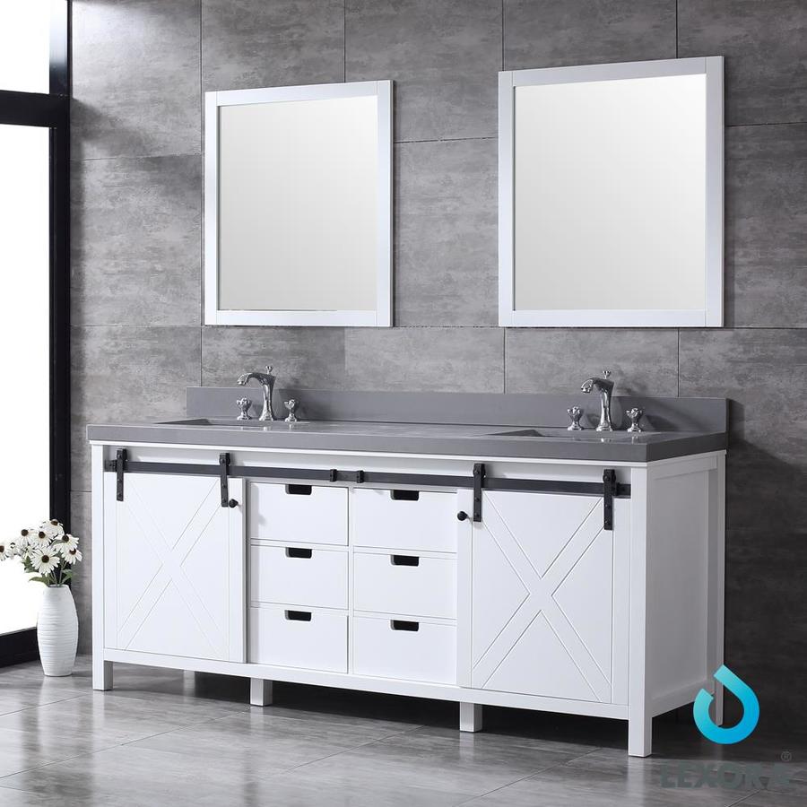 Marsyas 84" Ash Grey Double Vanity, White Quartz Top, White Square Sinks and 34" Mirrors w/ Faucets