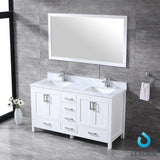 Jacques 60" White Double Vanity, White Carrara Marble Top, White Square Sinks and 58" Mirror w/ Faucets