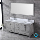 Jacques 72" Distressed Grey Double Vanity, White Carrara Marble Top, White Square Sinks and 70" Mirror w/ Faucets