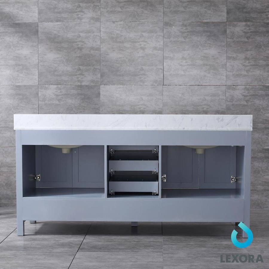 Jacques 72" Distressed Grey Double Vanity, White Carrara Marble Top, White Square Sinks and 70" Mirror w/ Faucets