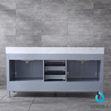 Jacques 72" Distressed Grey Double Vanity, White Carrara Marble Top, White Square Sinks and 70" Mirror w/ Faucets