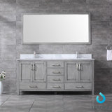 Jacques 72" Distressed Grey Double Vanity, White Carrara Marble Top, White Square Sinks and 70" Mirror w/ Faucets