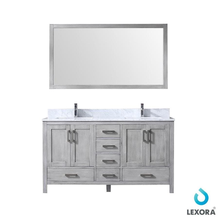 Jacques 60" Distressed Grey Double Vanity, White Carrara Marble Top, White Square Sinks and 58" Mirror w/ Faucets