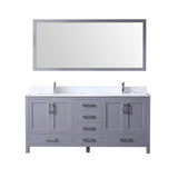 Jacques 72" Dark Grey Double Vanity, White Carrara Marble Top, White Square Sinks and 70" Mirror w/ Faucets