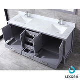Jacques 72" Dark Grey Double Vanity, White Carrara Marble Top, White Square Sinks and 70" Mirror w/ Faucets