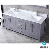 Jacques 72" Dark Grey Double Vanity, White Carrara Marble Top, White Square Sinks and 70" Mirror w/ Faucets