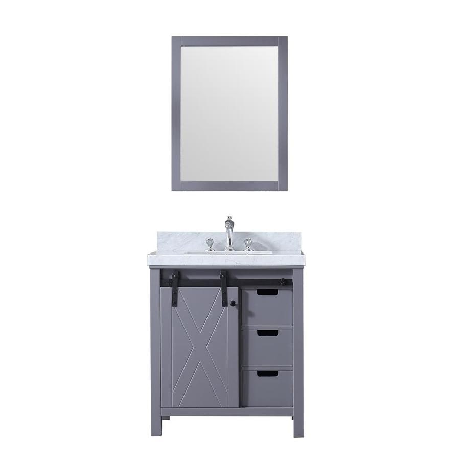 Marsyas 30" Dark Grey Single Vanity, White Carrara Marble Top, White Square Sink and 28" Mirror w/ Faucet