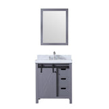 Marsyas 30" Dark Grey Single Vanity, White Carrara Marble Top, White Square Sink and 28" Mirror w/ Faucet