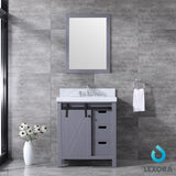 Marsyas 30" Dark Grey Single Vanity, White Carrara Marble Top, White Square Sink and 28" Mirror w/ Faucet