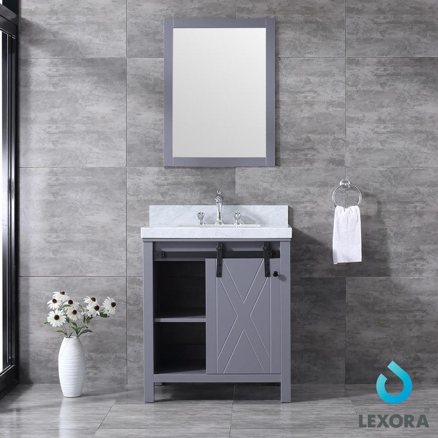 Marsyas 30" Dark Grey Single Vanity, White Carrara Marble Top, White Square Sink and 28" Mirror w/ Faucet