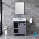 Marsyas 30" Dark Grey Single Vanity, White Carrara Marble Top, White Square Sink and 28" Mirror w/ Faucet