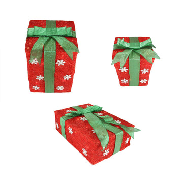 Set of 3 Red Snowflake Sisal Gift Boxes Lighted Christmas Outdoor Decorations