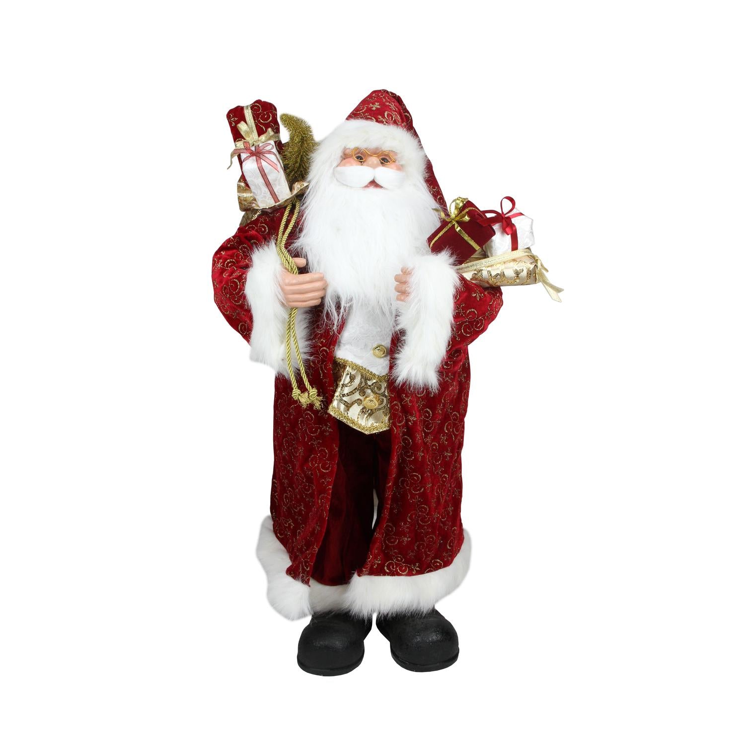 32" Standing Santa Claus in Long Red and Gold Robe with Gifts Christmas Figure
