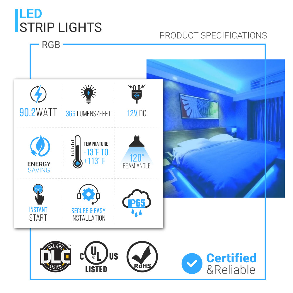 LEDmyplace 16.4ft RGBW LED Strip Lights, SMD5050, Flexible, 12V Power Supply, Color Changing Waterproof LED Tape Lights