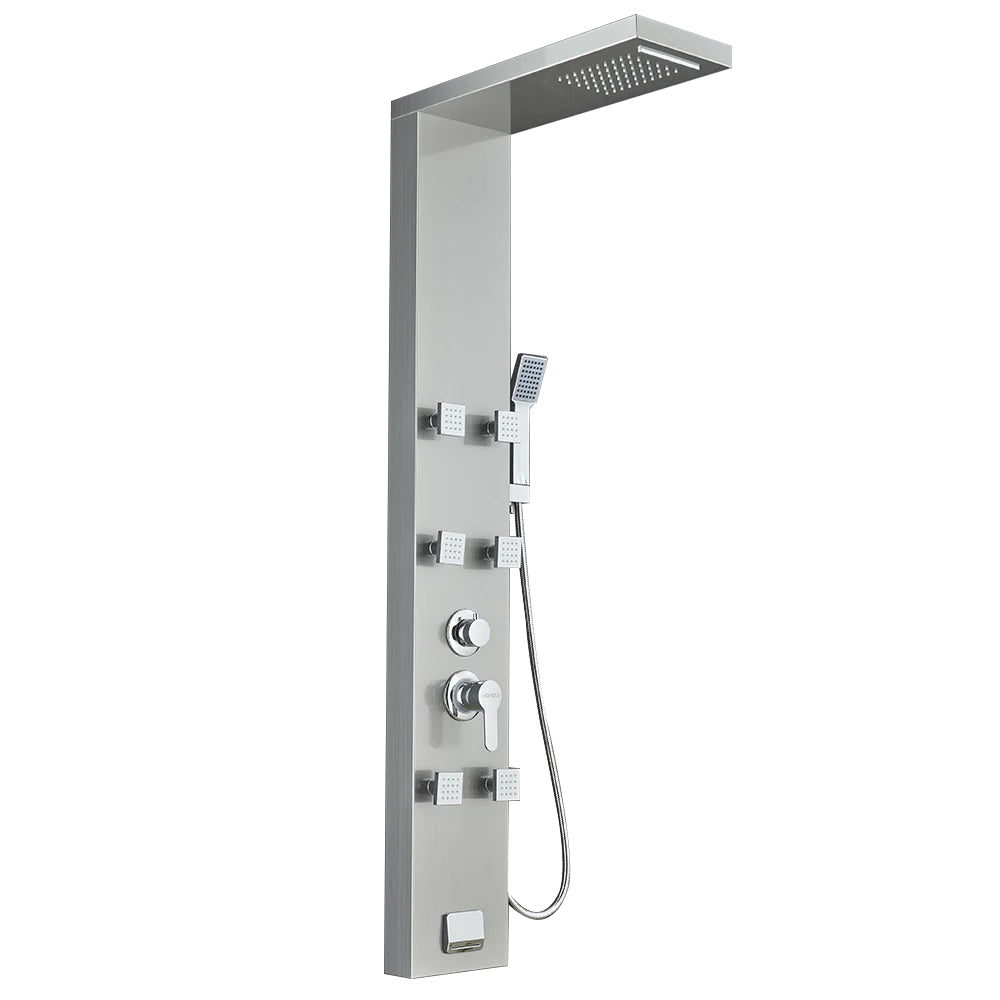 53 in. 6-Jet Stainless Steel Shower Panel System w/ Fixed Rainfall & Waterfall Shower Head, Tub Spout & Handheld, Jet Massage Feature
