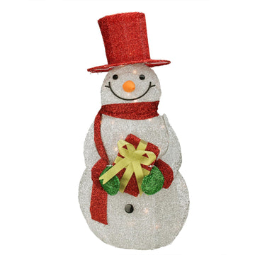 32" Lighted Silver Tinsel Snowman with Gift Christmas Outdoor Decoration