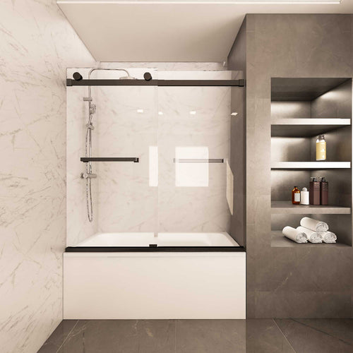 Ivanees Adjustable Semi-Frameless Dual Sliding Glass Bathtub Door with Clear Tempered Glass