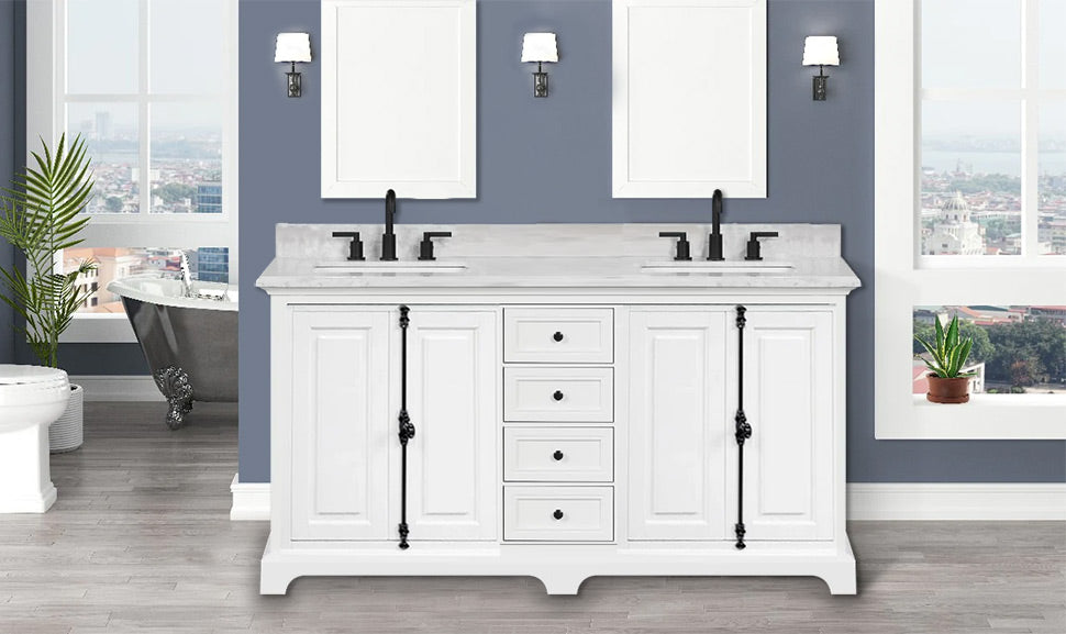 Icon Premium Freestanding Solid Wood White Bathroom Vanity with 1 In. Thick Premium Carrara Natural Marble Sink Top with 4 In. Backsplash