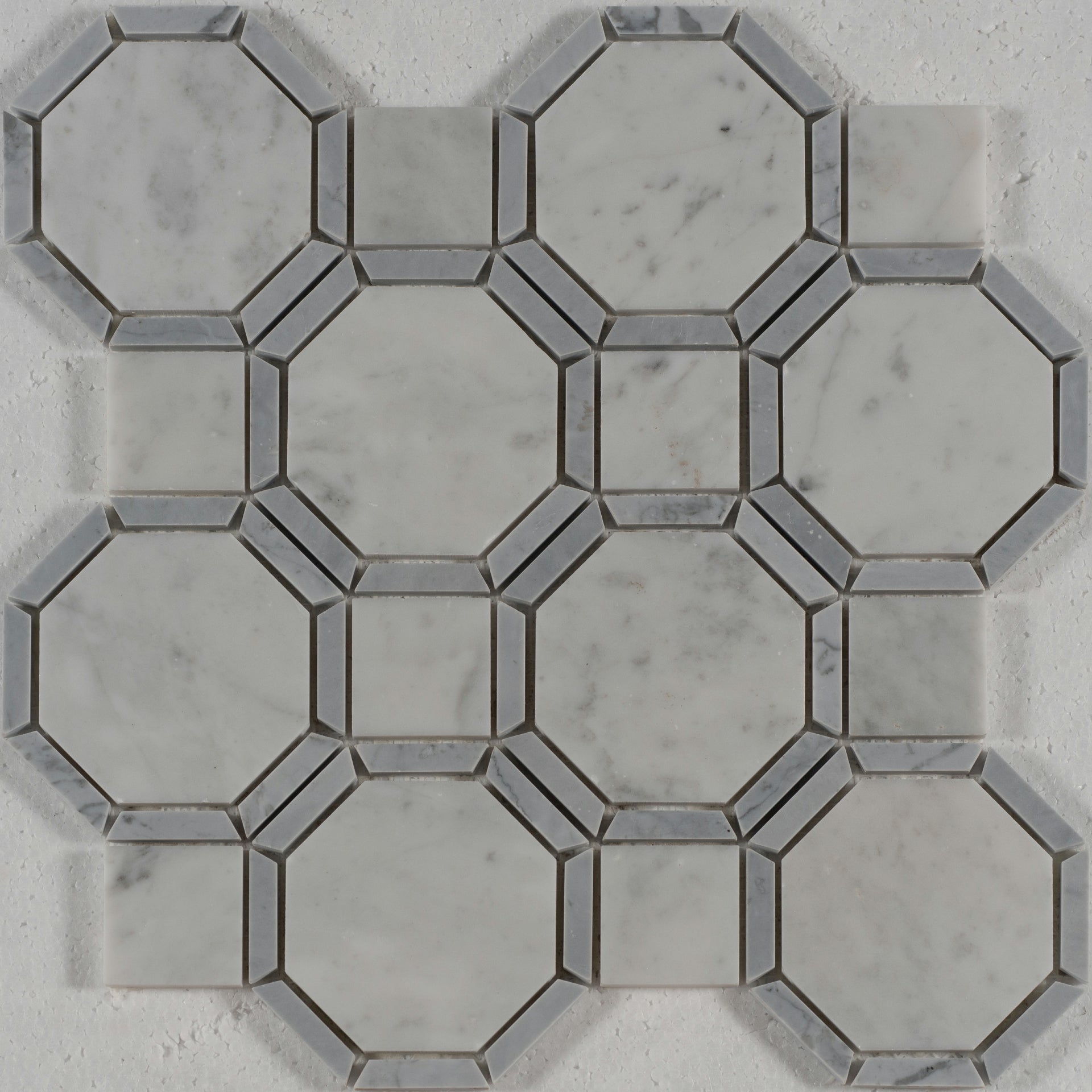 13 X 13 in. Gables Carrara Octagon White and Gray Line Polished Marble Mosaic Tile