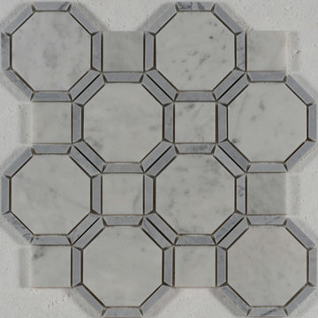 13 X 13 in. Gables Carrara Octagon White and Gray Line Polished Marble Mosaic Tile