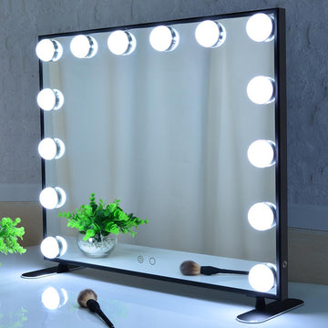 24.4 x 20.1 Inch Rectangular Hollywood Lighted Makeup Cosmetic Mirror with 14pcs LED Dimmable Bulbs, Tabletop(Wooden Base)/Wall Mounted Makeup Mirrors