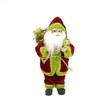 12" Red  Green and Gold Standing Santa Claus Christmas Figure with Gift Bag