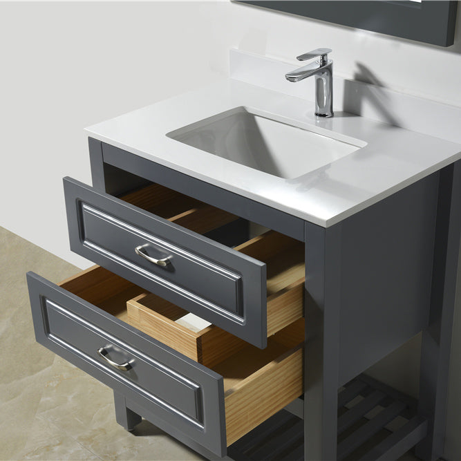 Modern Livia Freestanding Bathroom Vanity With Quartz Top, Sink, Drawers & Open Shelf Storage