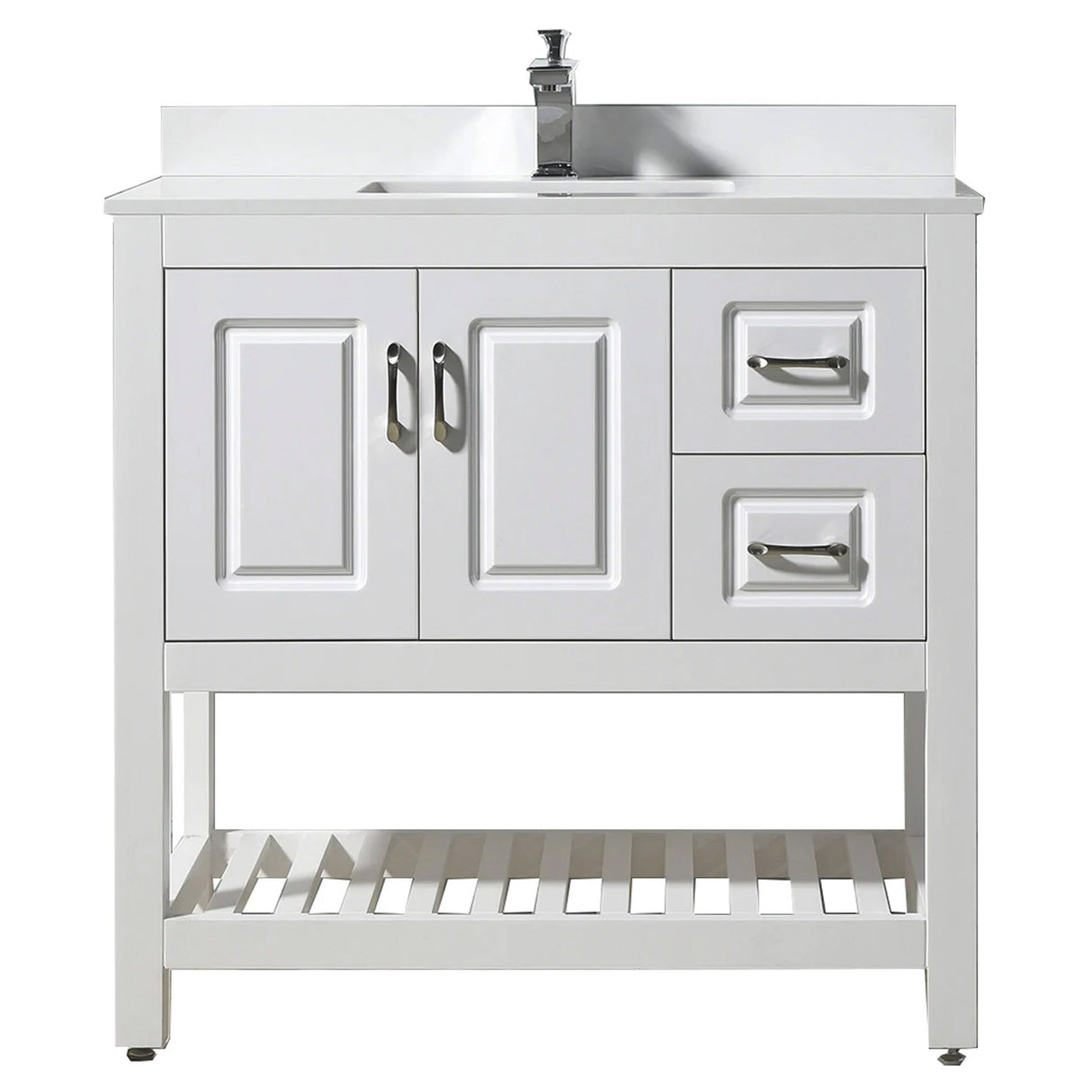 Modern Livia Freestanding Bathroom Vanity With Quartz Top, Sink, Drawers & Open Shelf Storage