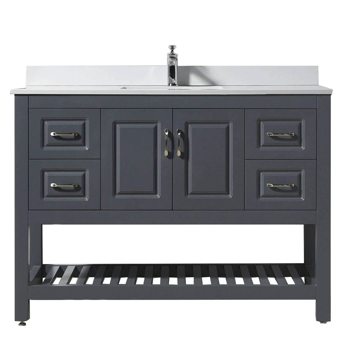 Modern Livia Freestanding Bathroom Vanity With Quartz Top, Sink, Drawers & Open Shelf Storage