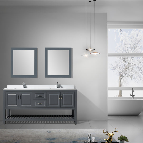 Modern Livia Freestanding Bathroom Vanity With Quartz Top, Sink, Drawers & Open Shelf Storage