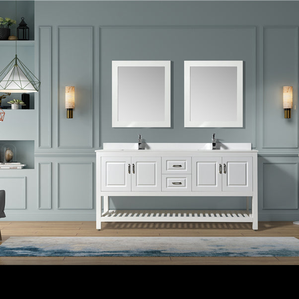 Modern Livia Freestanding Bathroom Vanity With Quartz Top, Sink, Drawers & Open Shelf Storage