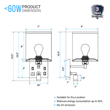 1-Light LED Wall Sconce With 1 USB, 2 Switch, 1 Outlet - Black Metal Finish W/ White Fabric Shade