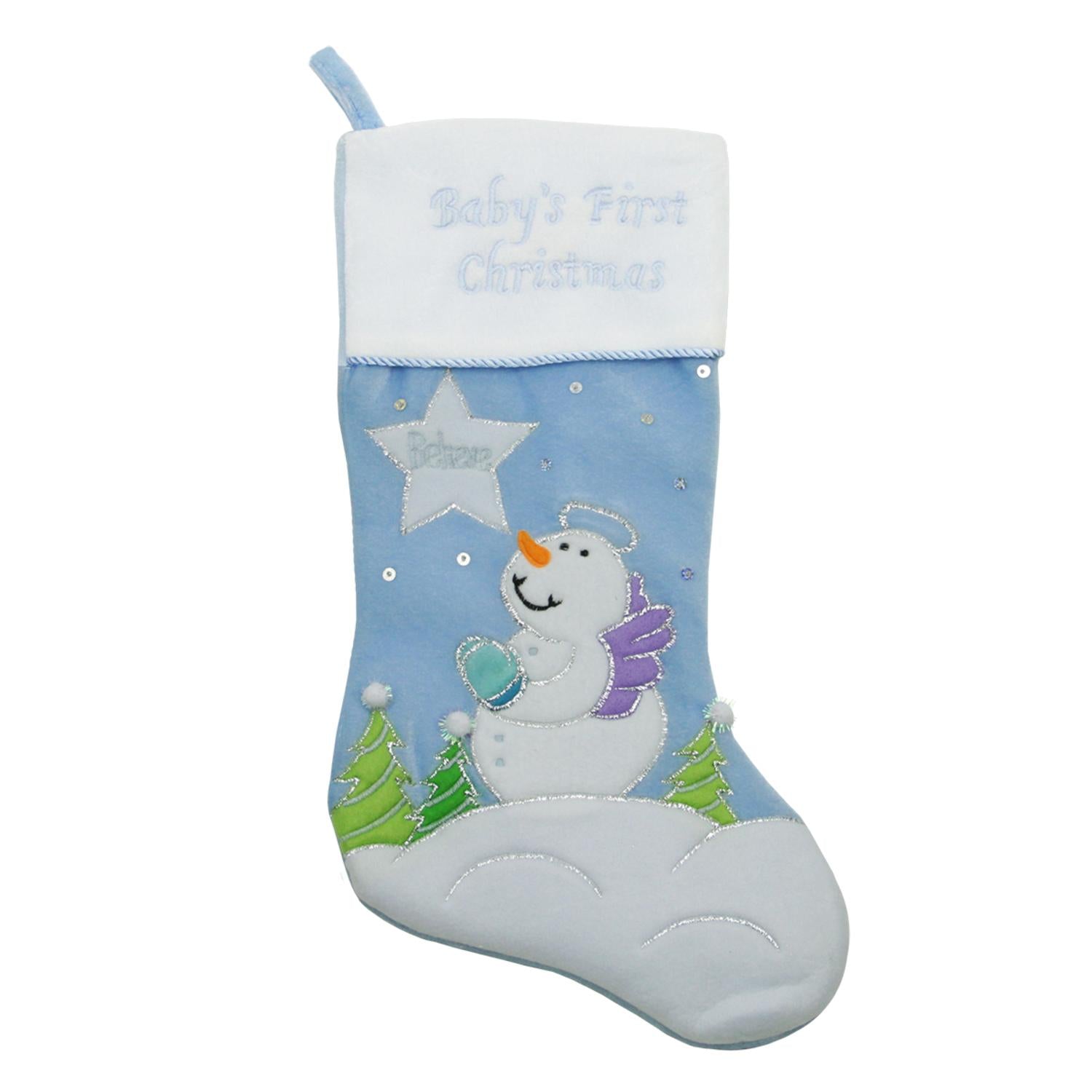 20" Light Blue "Baby's First Christmas" Velveteen Snowman Angel Christmas Stocking