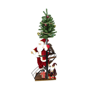 50" Santa Claus on Spiral Staircase with Tree and Elf Christmas Figure on Wooden Base