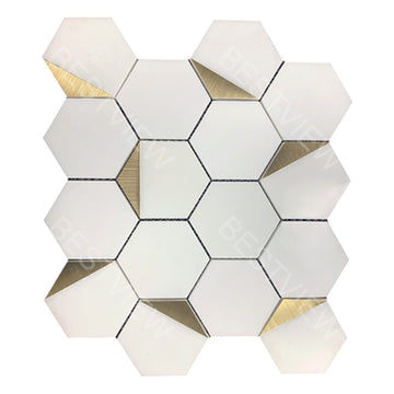 12" X 10" X 8 mm Royal White With Gold Accents 3" Mosaic Hexagon