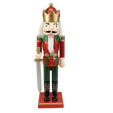 14" Red  Green and Gold Wooden Glittered Christmas Nutcracker King with Sword