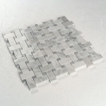 12 X 12 in. Bianco Carrara White Basket Weave Polished Marble Mosaic Tile