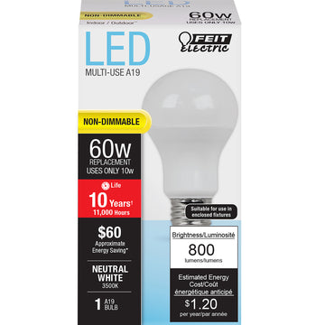 A19 LED Light Bulbs, 10 Watts, E26, 800 Lumens, 5000K Non-Dimmable