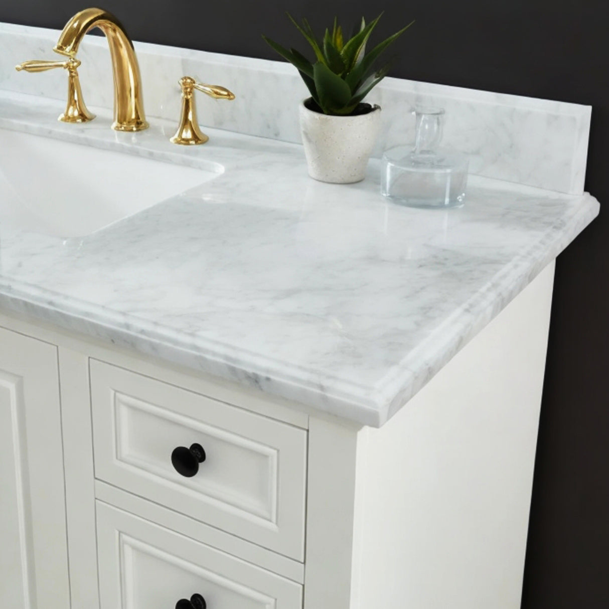 Icon Premium Freestanding Solid Wood White Bathroom Vanity with 1 In. Thick Premium Carrara Natural Marble Sink Top with 4 In. Backsplash