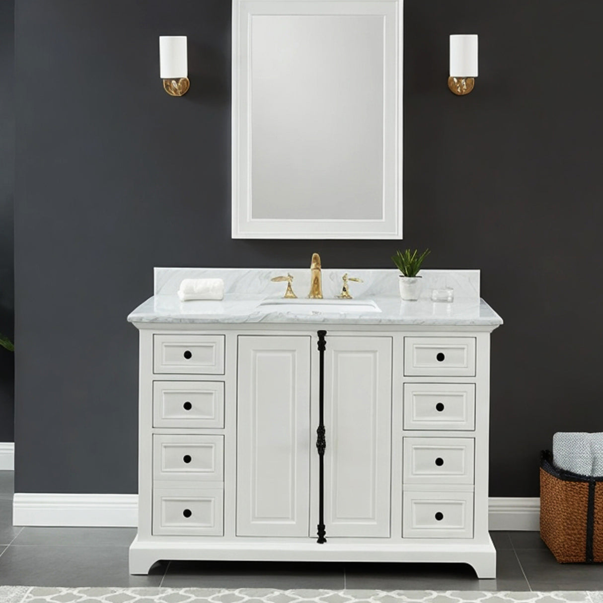 Icon Premium Freestanding Solid Wood White Bathroom Vanity with 1 In. Thick Premium Carrara Natural Marble Sink Top with 4 In. Backsplash