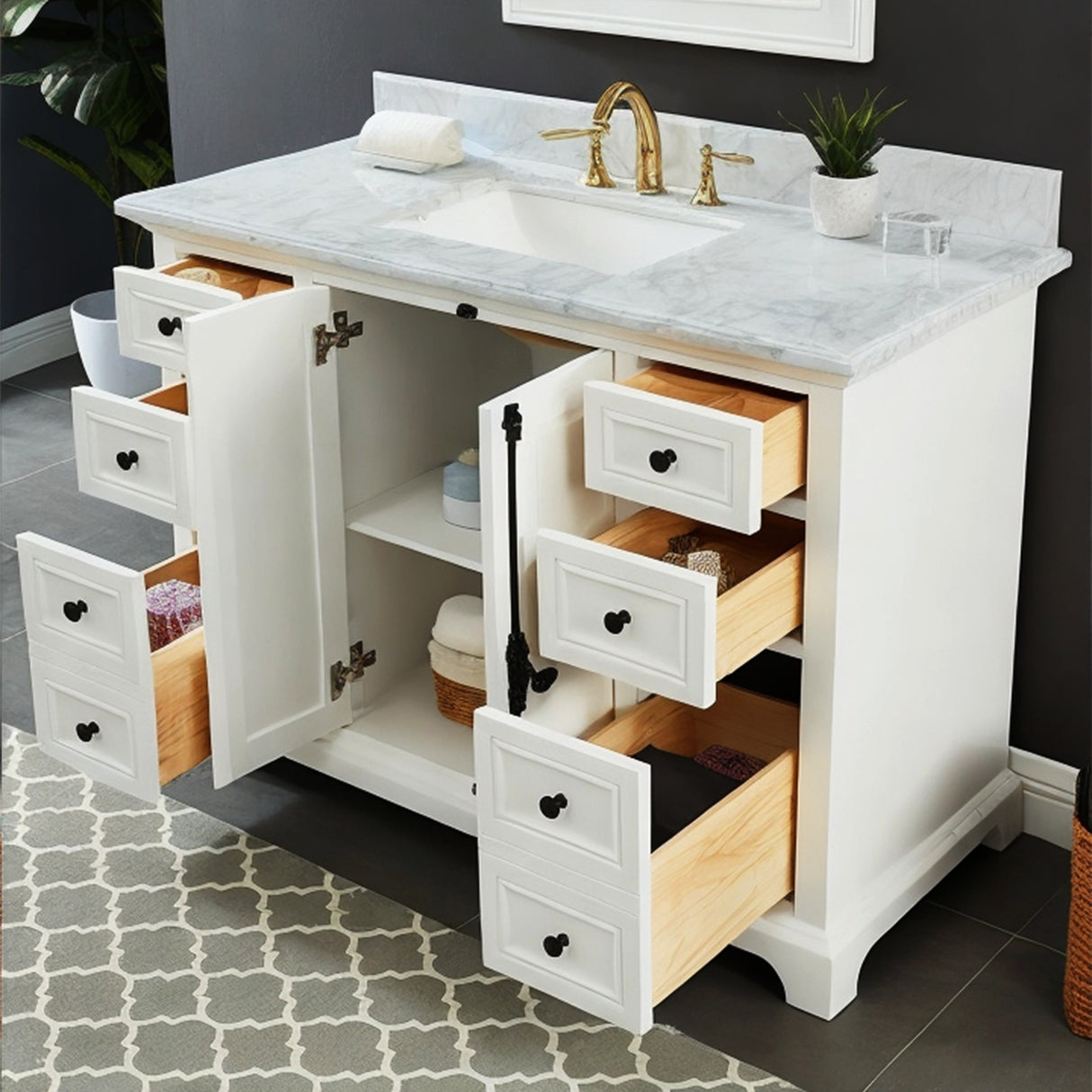 Icon Premium Freestanding Solid Wood White Bathroom Vanity with 1 In. Thick Premium Carrara Natural Marble Sink Top with 4 In. Backsplash